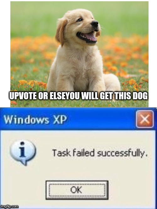 task failed successfully | UPVOTE OR ELSEYOU WILL GET THIS DOG | image tagged in memes,task failed successfully | made w/ Imgflip meme maker