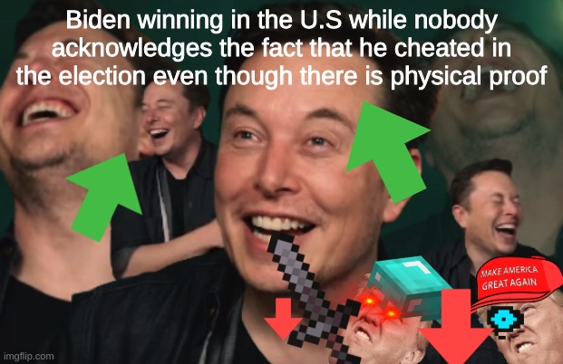 Elon Musk Laughing | Biden winning in the U.S while nobody acknowledges the fact that he cheated in the election even though there is physical proof | image tagged in elon musk laughing | made w/ Imgflip meme maker