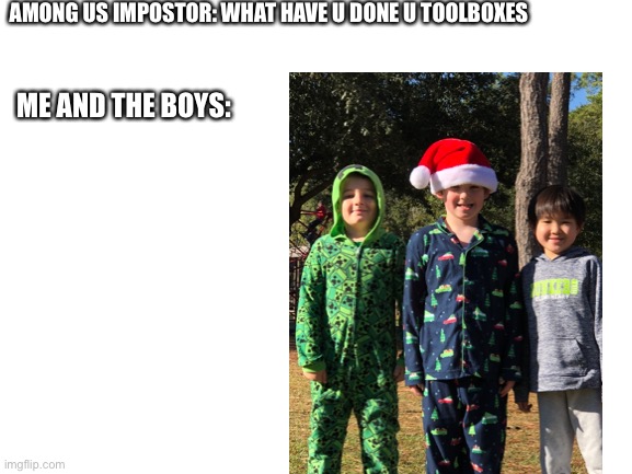 Me and the boys | AMONG US IMPOSTOR: WHAT HAVE U DONE U TOOLBOXES; ME AND THE BOYS: | image tagged in blank white template | made w/ Imgflip meme maker