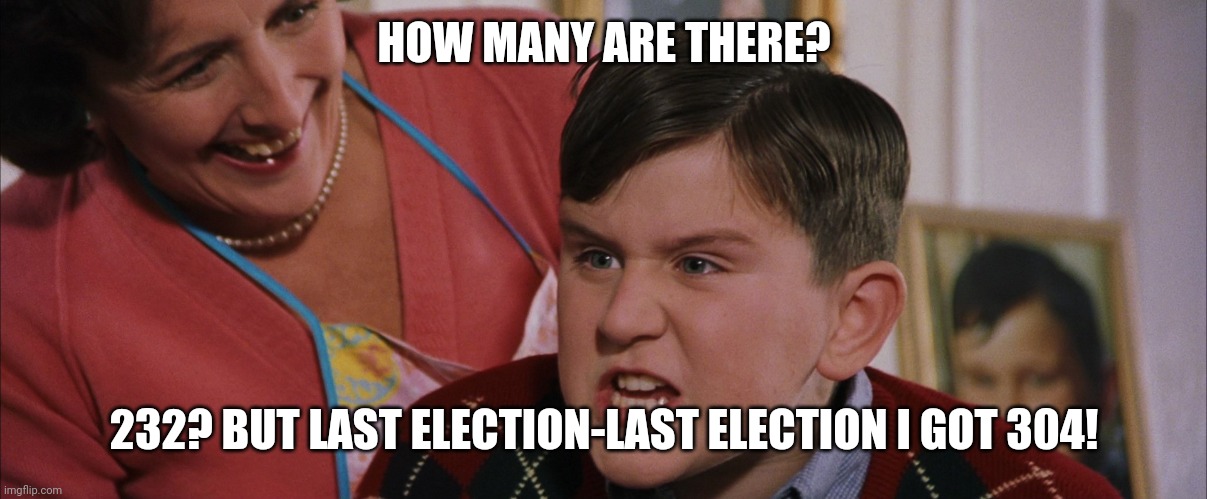 Dudley | HOW MANY ARE THERE? 232? BUT LAST ELECTION-LAST ELECTION I GOT 304! | image tagged in politics,political meme,harry potter | made w/ Imgflip meme maker