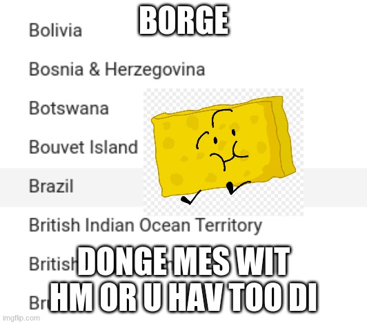 Making cringe gen z memes 1 | BORGE; DONGE MES WIT HM OR U HAV TOO DI | image tagged in gen z memes,lelo | made w/ Imgflip meme maker