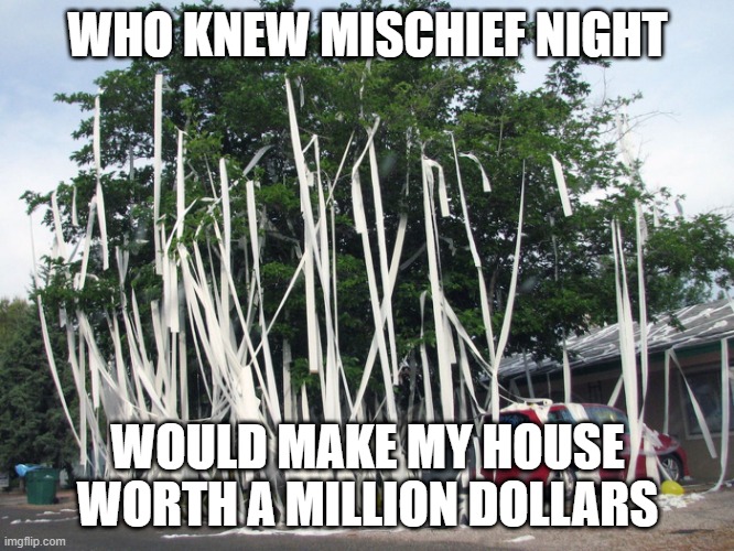 WHO KNEW MISCHIEF NIGHT; WOULD MAKE MY HOUSE WORTH A MILLION DOLLARS | made w/ Imgflip meme maker