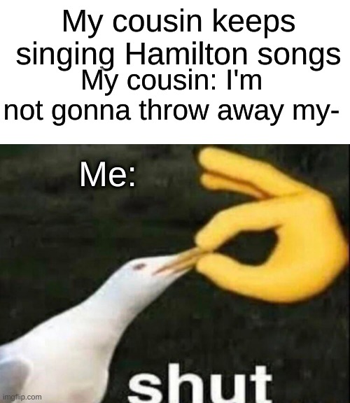 Comment or upvote if you see what I did | My cousin keeps singing Hamilton songs; My cousin: I'm not gonna throw away my-; Me: | image tagged in blank white template,shut,hamilton | made w/ Imgflip meme maker