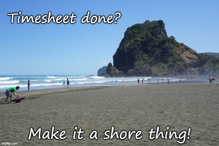 Piha Beach Timesheet Reminder | Timesheet done? Make it a shore thing! | image tagged in piha,timesheet reminder,timesheet meme,beach,funny memes | made w/ Imgflip meme maker