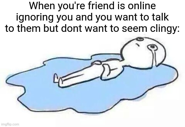 When you're friend is online ignoring you and you want to talk to them but dont want to seem clingy: | image tagged in blank white template,person crying | made w/ Imgflip meme maker