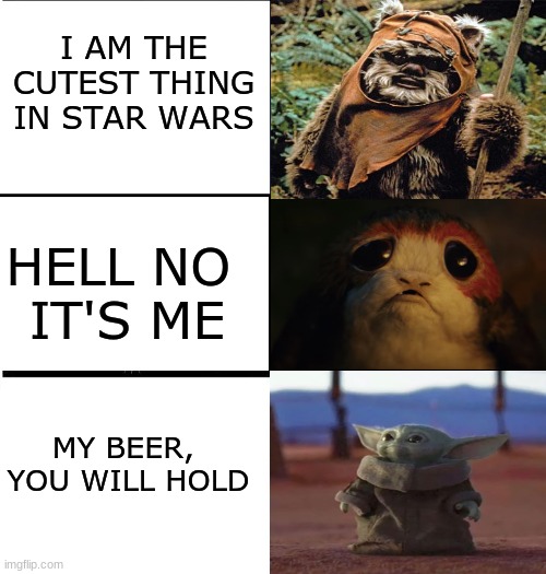 So cute, baby Yoda is... | I AM THE CUTEST THING IN STAR WARS; HELL NO 
IT'S ME; MY BEER, 
YOU WILL HOLD | image tagged in expanding brain 3 panels,ewok,porg,baby yoda | made w/ Imgflip meme maker