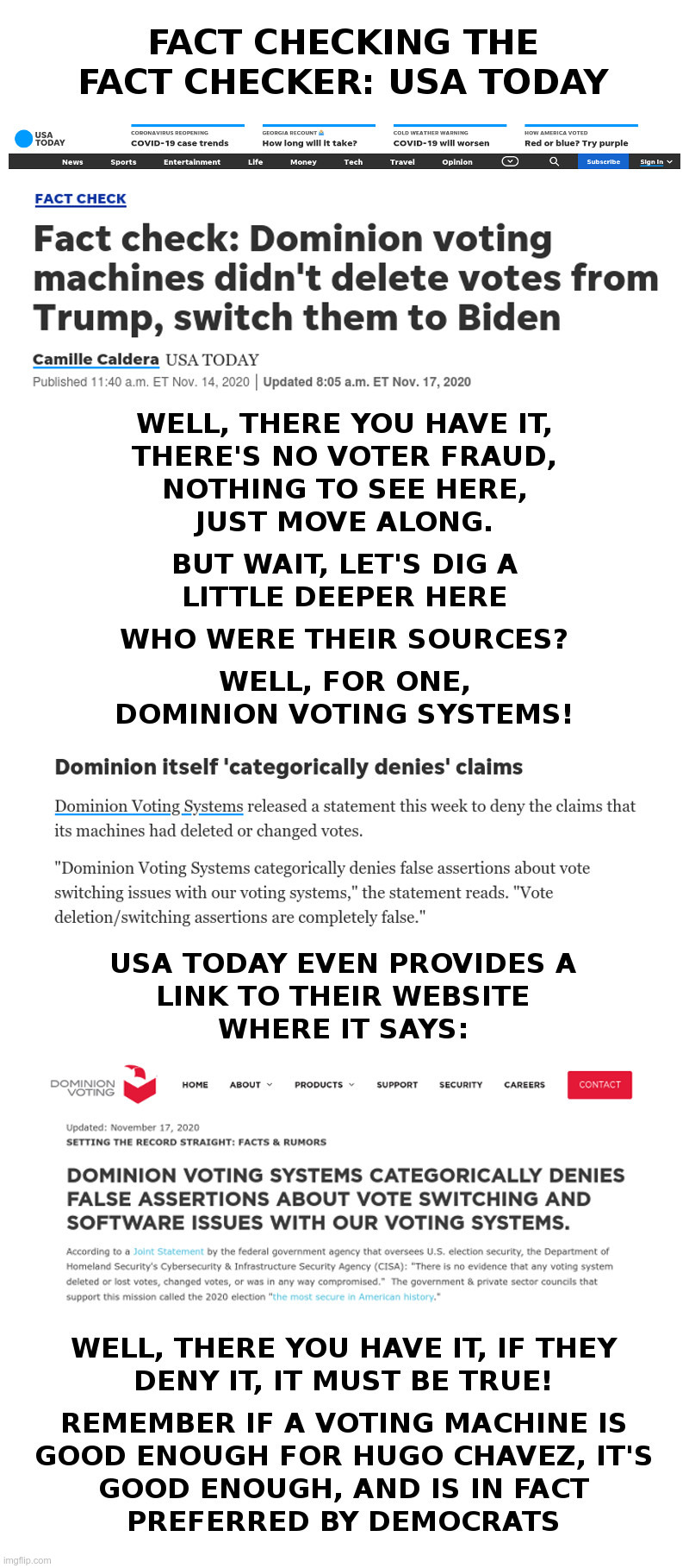 Fact Checking The Fact Checker: USA Today | image tagged in fact check,usa today,dominion voting systems,hugo chavez,democrats,voter fraud | made w/ Imgflip meme maker