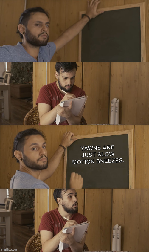Yawns are just slow motion sneezes. | YAWNS ARE JUST SLOW MOTION SNEEZES. | image tagged in teaching,quimere,class,school | made w/ Imgflip meme maker