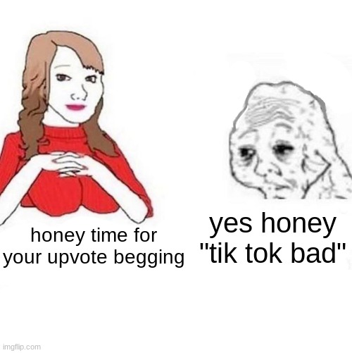 bruh i like the people that skate on tik tok not the 14y.o girls | yes honey "tik tok bad"; honey time for your upvote begging | image tagged in yes honey | made w/ Imgflip meme maker