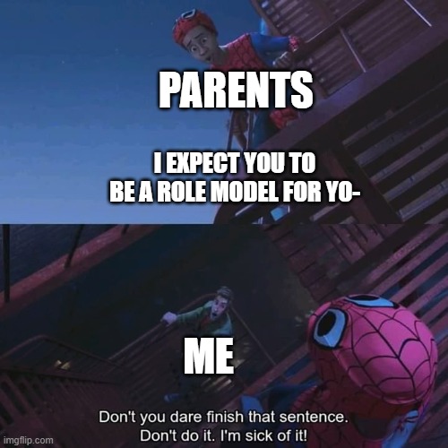 anybody got parents who are like this when you don't care for your sibling? | PARENTS; I EXPECT YOU TO BE A ROLE MODEL FOR YO-; ME | image tagged in don't you dare finish that sentence | made w/ Imgflip meme maker