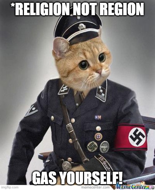 Nazi Cat | *RELIGION NOT REGION GAS YOURSELF! | image tagged in nazi cat | made w/ Imgflip meme maker