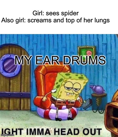 I WENT DEAF! | Girl: sees spider
Also girl: screams and top of her lungs; MY EAR DRUMS | image tagged in memes,spongebob ight imma head out | made w/ Imgflip meme maker