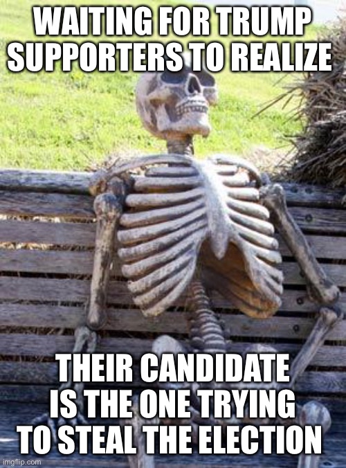 Waiting Skeleton | WAITING FOR TRUMP SUPPORTERS TO REALIZE; THEIR CANDIDATE IS THE ONE TRYING TO STEAL THE ELECTION | image tagged in memes,waiting skeleton | made w/ Imgflip meme maker