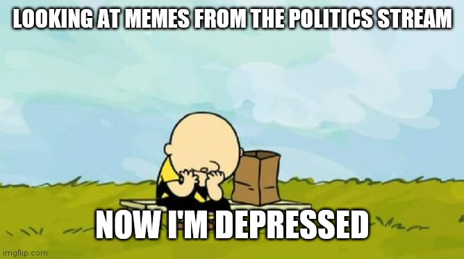 Depressed Charlie Brown |  LOOKING AT MEMES FROM THE POLITICS STREAM; NOW I'M DEPRESSED | image tagged in depressed charlie brown | made w/ Imgflip meme maker