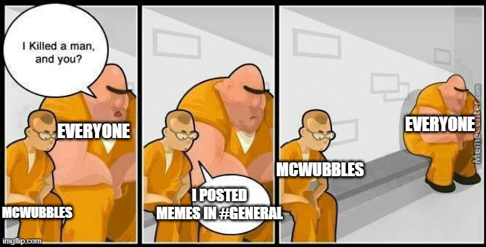 prisoners blank | EVERYONE; EVERYONE; MCWUBBLES; I POSTED MEMES IN #GENERAL; MCWUBBLES | image tagged in prisoners blank | made w/ Imgflip meme maker