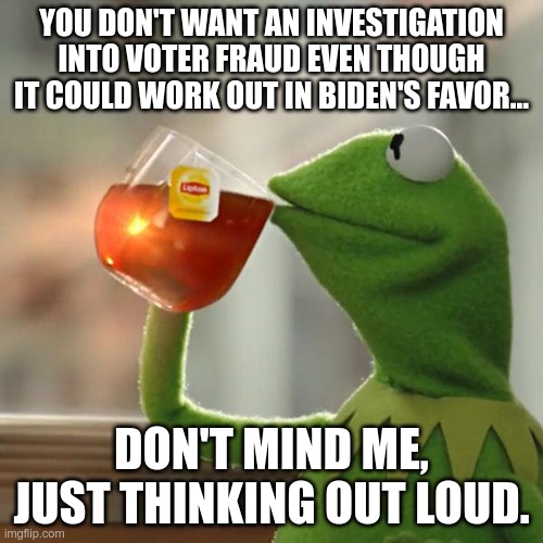 Tomorrow's News | YOU DON'T WANT AN INVESTIGATION INTO VOTER FRAUD EVEN THOUGH IT COULD WORK OUT IN BIDEN'S FAVOR... DON'T MIND ME, JUST THINKING OUT LOUD. | image tagged in but that's none of my business,kermit the frog,donald trump approves | made w/ Imgflip meme maker