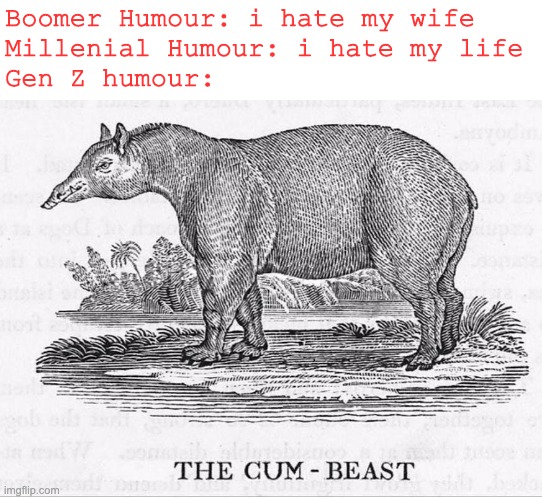 Long Nosed Tapiir? Youmean C U M - B E A S T | Boomer Humour: i hate my wife
Millenial Humour: i hate my life
Gen Z humour: | image tagged in cumbeast | made w/ Imgflip meme maker