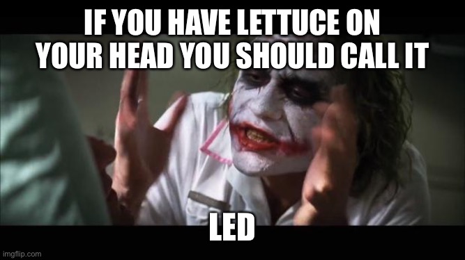 LED | IF YOU HAVE LETTUCE ON YOUR HEAD YOU SHOULD CALL IT; LED | image tagged in joker lose mind | made w/ Imgflip meme maker