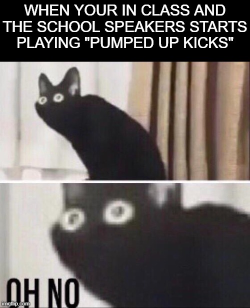 OH NOOOOOOOOOOOOOOOOOOOOOOOOOOOOOOOOOOOOOOOOOOO | WHEN YOUR IN CLASS AND THE SCHOOL SPEAKERS STARTS PLAYING "PUMPED UP KICKS" | image tagged in oh no cat,memes,school,pumped up kicks | made w/ Imgflip meme maker