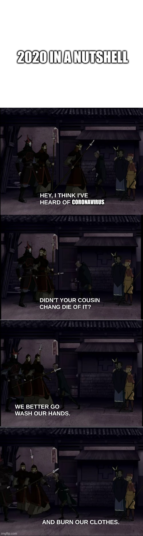 A random Avatar The Last Airbender 2020 meme | 2020 IN A NUTSHELL; CORONAVIRUS | image tagged in blank white template | made w/ Imgflip meme maker