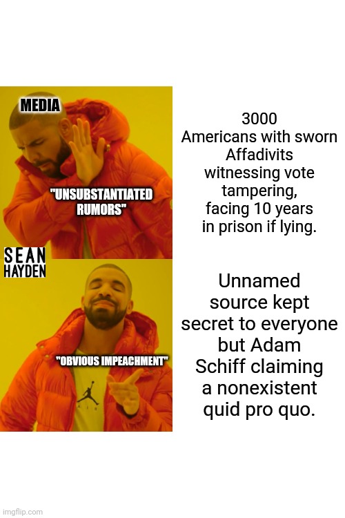 Scumbag media | 3000 Americans with sworn Affadivits witnessing vote tampering, facing 10 years in prison if lying. MEDIA; "UNSUBSTANTIATED RUMORS"; Unnamed source kept secret to everyone but Adam Schiff claiming a nonexistent quid pro quo. "OBVIOUS IMPEACHMENT" | image tagged in memes,drake hotline bling | made w/ Imgflip meme maker