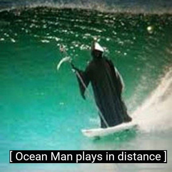 High Quality Ocean man plays in the distance Blank Meme Template