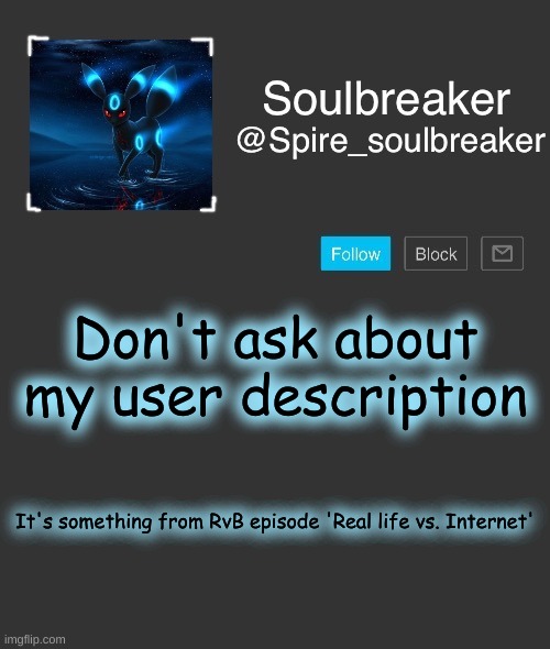 user des aka tagline | Don't ask about my user description; It's something from RvB episode 'Real life vs. Internet' | image tagged in spire | made w/ Imgflip meme maker