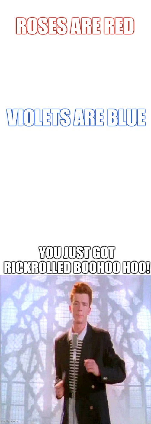 ROSES ARE RED; VIOLETS ARE BLUE; YOU JUST GOT RICKROLLED BOOHOO HOO! | image tagged in memes,gifs,funny,rickroll,get rekt | made w/ Imgflip meme maker