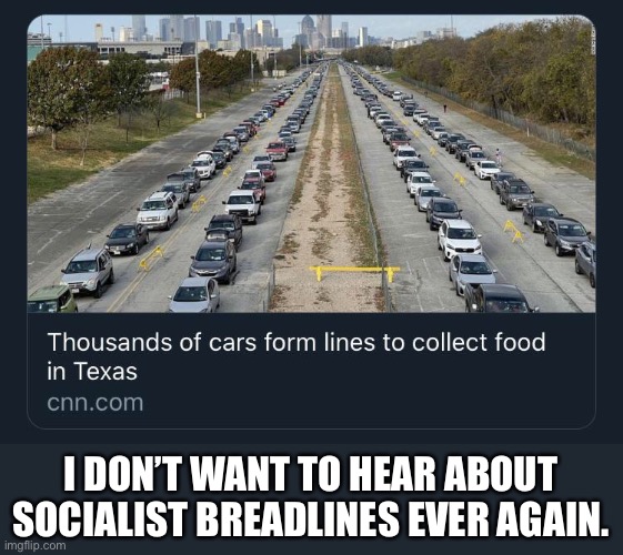 “Communism no food, lol.“ | I DON’T WANT TO HEAR ABOUT SOCIALIST BREADLINES EVER AGAIN. | image tagged in bread,socialism,capitalism,covid-19,texas | made w/ Imgflip meme maker