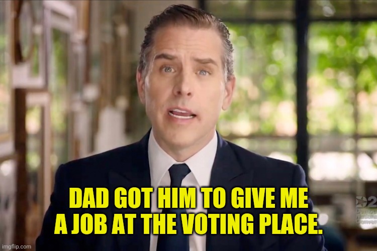 Hunter Biden | DAD GOT HIM TO GIVE ME A JOB AT THE VOTING PLACE. | image tagged in hunter biden | made w/ Imgflip meme maker