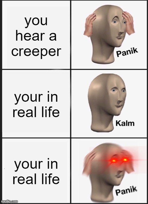 oOooO scary (tell me if this is a repost  just got this idea in mind) | you hear a creeper; your in real life; your in real life | image tagged in memes,panik kalm panik | made w/ Imgflip meme maker