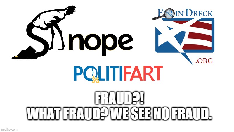 Fact Check This. | FRAUD?! WHAT FRAUD? WE SEE NO FRAUD. | image tagged in voter fraud,election 2020,fact check,politics,political meme,snopes | made w/ Imgflip meme maker