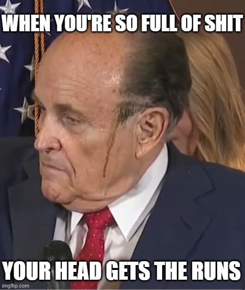 Rudy's Head Gets Diarrhea | WHEN YOU'RE SO FULL OF SHIT; YOUR HEAD GETS THE RUNS | image tagged in rudy giuliani,rudy,trump,liar,hair,running | made w/ Imgflip meme maker