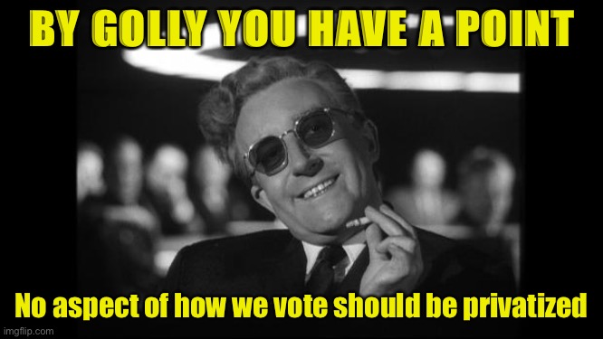 Motion to deprivatize the voting process. | BY GOLLY YOU HAVE A POINT; No aspect of how we vote should be privatized | image tagged in dr strangelove,voting,democracy | made w/ Imgflip meme maker