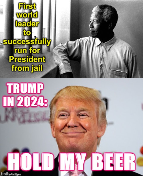 American conservatives may yet get their Mandela moment | First world leader to successfully run for President from jail; TRUMP IN 2024:; HOLD MY BEER | image tagged in nelson mandela,donald trump approves,2020 elections,election 2020,trump for president,trump train | made w/ Imgflip meme maker