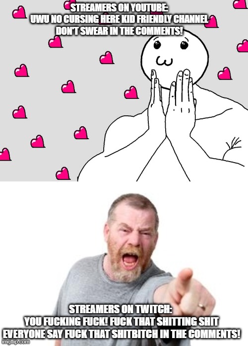 Streamers do be like this... | STREAMERS ON YOUTUBE:
UWU NO CURSING HERE KID FRIENDLY CHANNEL
DON'T SWEAR IN THE COMMENTS! STREAMERS ON TWITCH: 
YOU FUCKING FUCK! FUCK THAT SHITTING SHIT
EVERYONE SAY FUCK THAT SHITBITCH IN THE COMMENTS! | image tagged in twitch,youtube,streamer,wholesome,unwholesome,truth hurts | made w/ Imgflip meme maker
