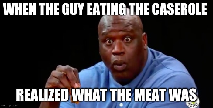 surprised shaq | WHEN THE GUY EATING THE CASSEROLE REALIZED WHAT THE MEAT WAS | image tagged in surprised shaq | made w/ Imgflip meme maker