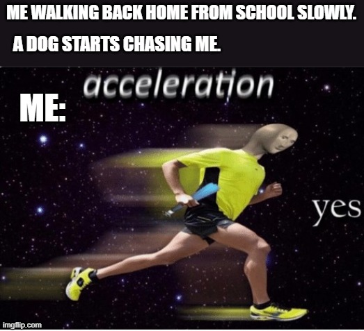 Acceleration, YES! | ME WALKING BACK HOME FROM SCHOOL SLOWLY. A DOG STARTS CHASING ME. ME: | image tagged in acceleration yes | made w/ Imgflip meme maker