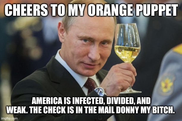 Putin Cheers | CHEERS TO MY ORANGE PUPPET; AMERICA IS INFECTED, DIVIDED, AND WEAK. THE CHECK IS IN THE MAIL DONNY MY BITCH. | image tagged in putin cheers | made w/ Imgflip meme maker