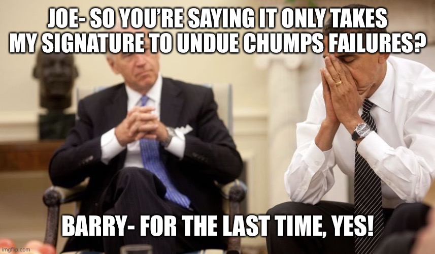 Biden Obama | JOE- SO YOU’RE SAYING IT ONLY TAKES MY SIGNATURE TO UNDUE CHUMPS FAILURES? BARRY- FOR THE LAST TIME, YES! | image tagged in biden obama | made w/ Imgflip meme maker