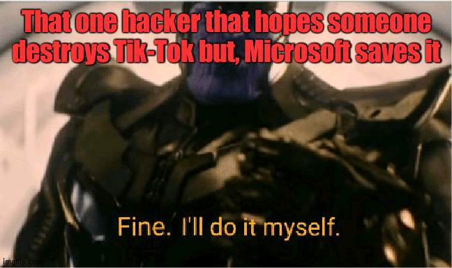 We need a hacker army | That one hacker that hopes someone destroys Tik-Tok but, Microsoft saves it | image tagged in fine ill do it myself thanos | made w/ Imgflip meme maker
