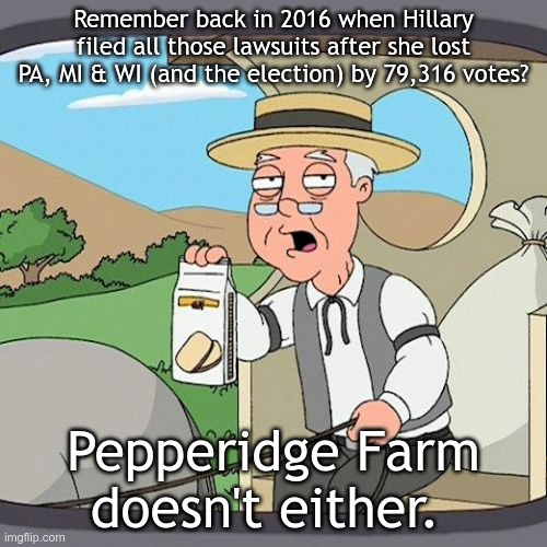 Pepperidge Farm Remembers Meme | Remember back in 2016 when Hillary filed all those lawsuits after she lost PA, MI & WI (and the election) by 79,316 votes? Pepperidge Farm doesn't either. | image tagged in memes,pepperidge farm remembers | made w/ Imgflip meme maker