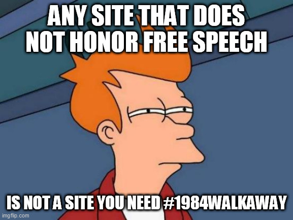 Futurama Fry Meme | ANY SITE THAT DOES NOT HONOR FREE SPEECH; IS NOT A SITE YOU NEED #1984WALKAWAY | image tagged in memes,futurama fry | made w/ Imgflip meme maker