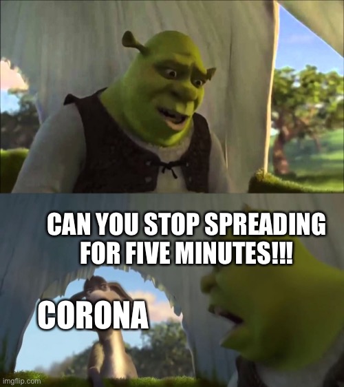 shrek five minutes | CAN YOU STOP SPREADING FOR FIVE MINUTES!!! CORONA | image tagged in shrek five minutes,coronavirus,shrek | made w/ Imgflip meme maker