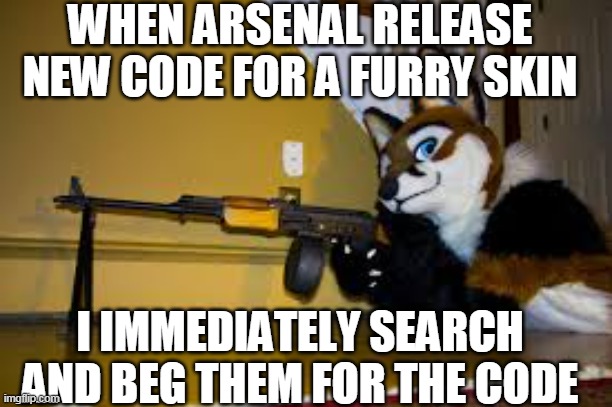 IF ANY OF ROLVE DEVS SEE THIS PLS DO THAT AND GIB THE CODE | WHEN ARSENAL RELEASE NEW CODE FOR A FURRY SKIN; I IMMEDIATELY SEARCH AND BEG THEM FOR THE CODE | image tagged in furry,furries | made w/ Imgflip meme maker