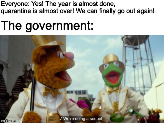 Everyone: Yes! The year is almost done, quarantine is almost over! We can finally go out again! The government: | image tagged in blank white template,we're doing a sequel | made w/ Imgflip meme maker