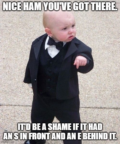 Dad Joke Baby Godfather | NICE HAM YOU'VE GOT THERE. IT'D BE A SHAME IF IT HAD AN S IN FRONT AND AN E BEHIND IT. | image tagged in memes,baby godfather,dad jokes,babies | made w/ Imgflip meme maker
