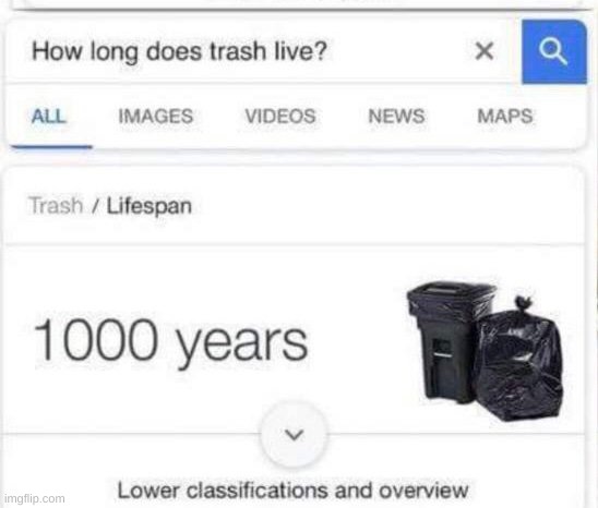 how long does trash live? | image tagged in how long does trash live | made w/ Imgflip meme maker