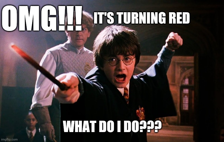 Harry potter dueling | OMG!!! IT'S TURNING RED; WHAT DO I DO??? | image tagged in harry potter meme | made w/ Imgflip meme maker