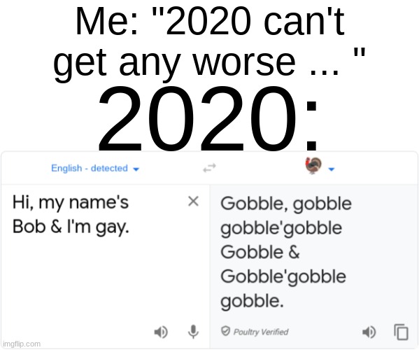 2020 Gets Worse ... | Me: "2020 can't get any worse ... "; 2020: | image tagged in google translate,google,thanksgiving,turkey,2020,coronavirus | made w/ Imgflip meme maker